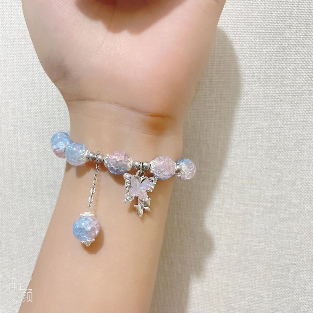Pulseira de Vidro Borboleta para Meninas - Pulseira de Vidro com Contas Rosa Doce de Fada, Presente Perfeito para Namora
