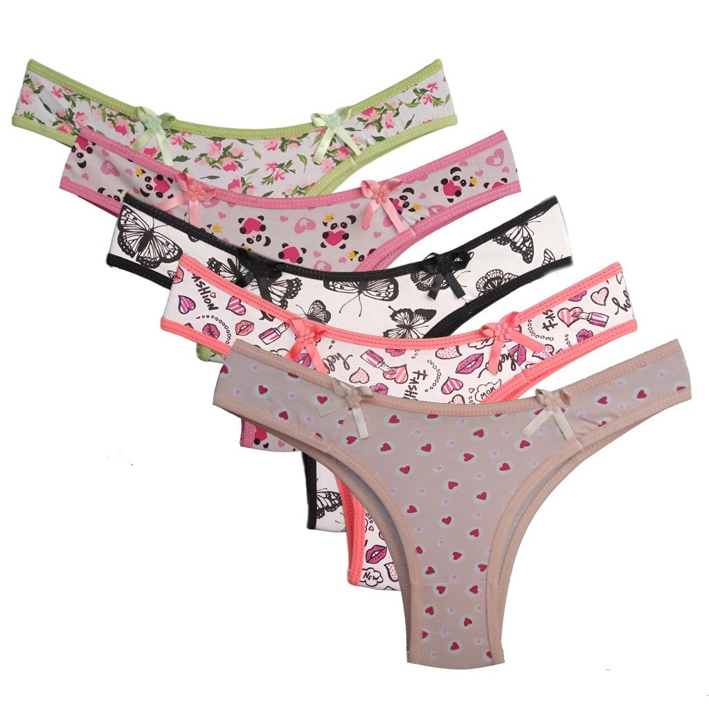 Kit 5 Calcinhas Algodão Juvenil Tanga Estampada Menina Moça