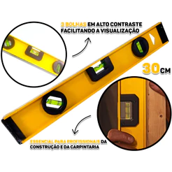 Nível Alumínio Reforçado Profissional Com Base Magnética Três Bolhas 12 Polegadas 30cm Fertak