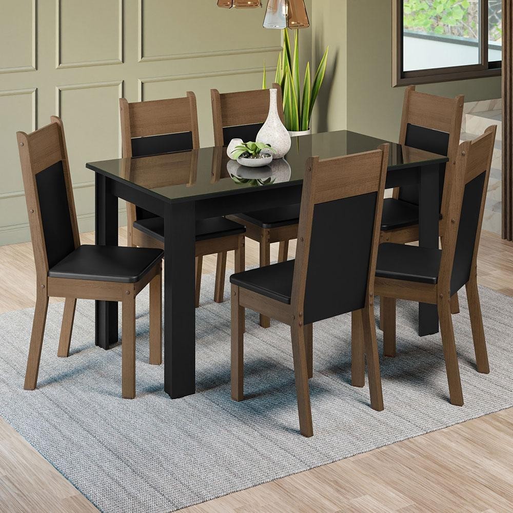 Conjunto Sala de Jantar Mesa Tampo de Vidro 6 Cadeiras Preto/Rustic Zoe Madesa - Home & Living
