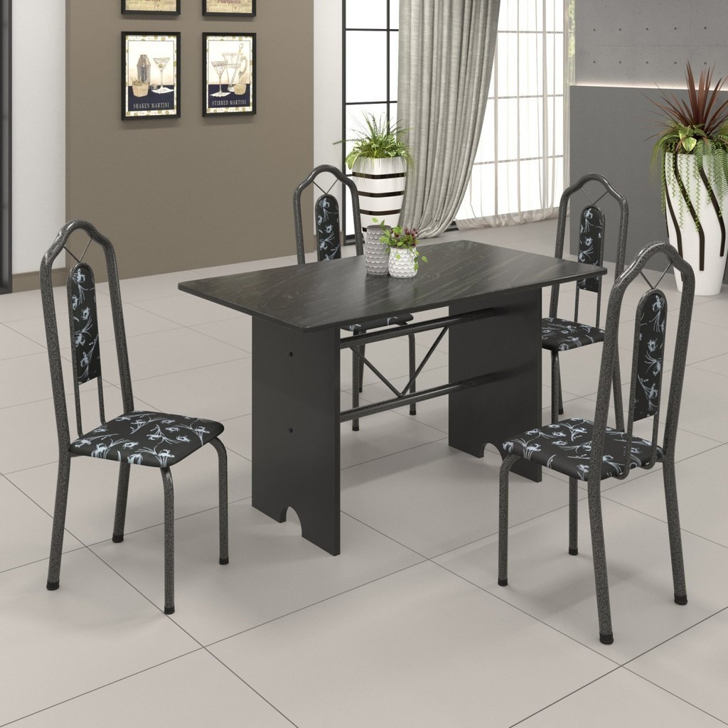 Conjunto de Mesa 120x75cm Tampo Ardósia com 4 Cadeiras Bianca  Martelado Prata/Ardósia Indiano/Preto Floral em Oferta na Shopee