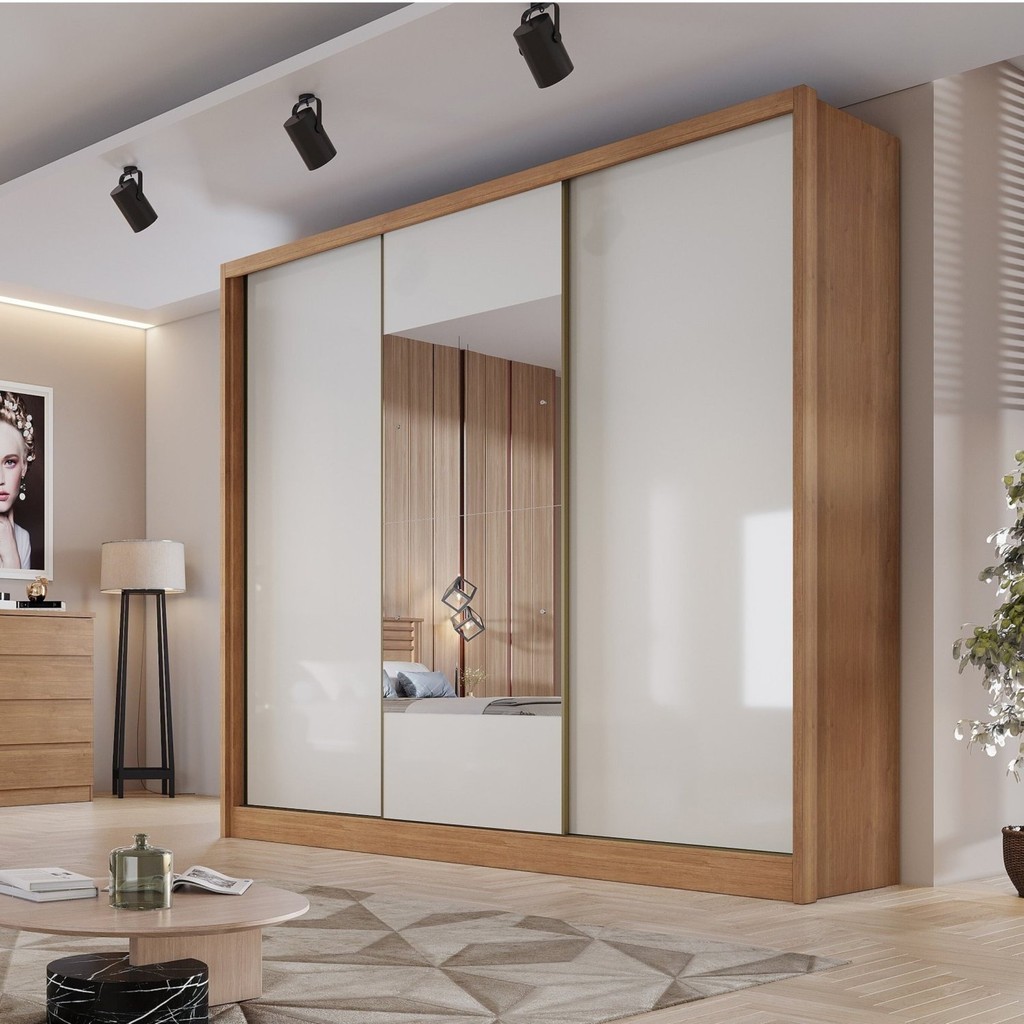 Guarda Roupa Casal em MDF com Espelho 3 Portas 6 Gavetas Montreal  Cumaru Fendi - Mom & Baby