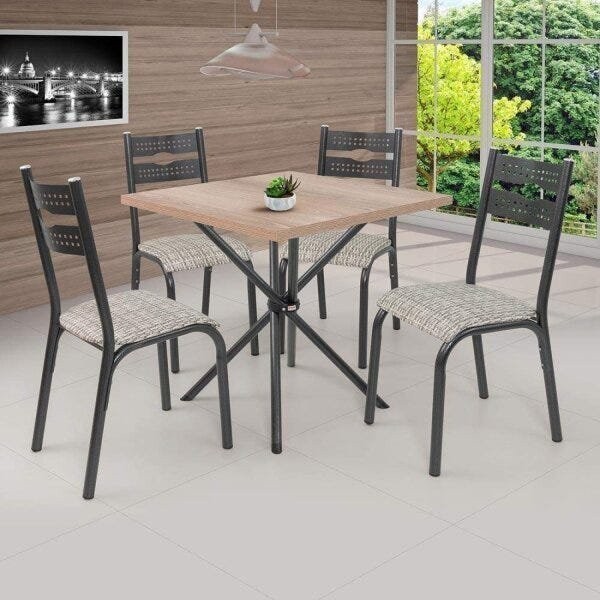Conjunto de Mesa com 4 Cadeiras Luna Clássica  Craqueado Preto/Junco Manteiga - Home & Living