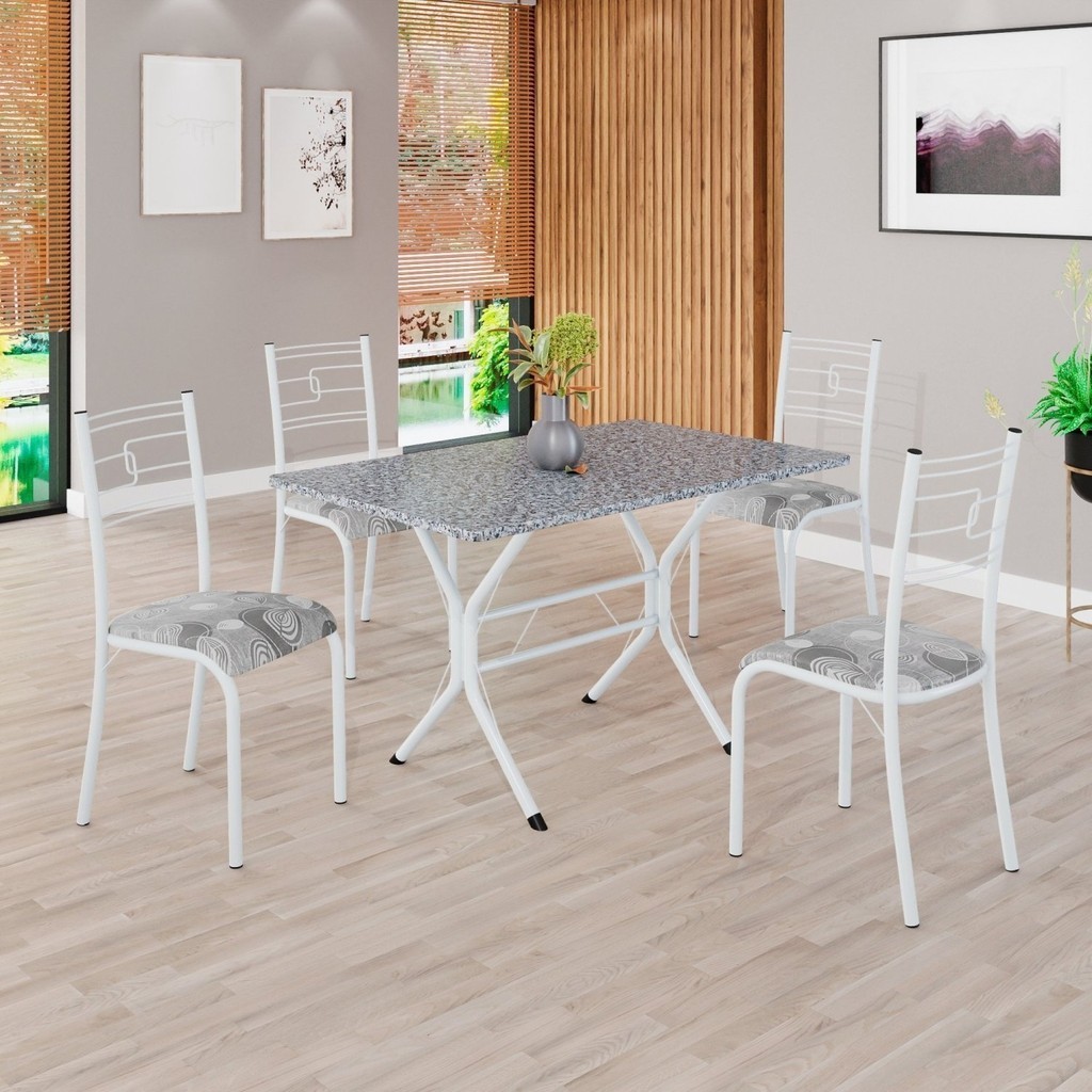 Conjunto Sala de Jantar Mesa Retangular 100x60cm Tampo Granito Ocre 4 Cadeiras Paraty Paraopeba/Branco - Home & Living