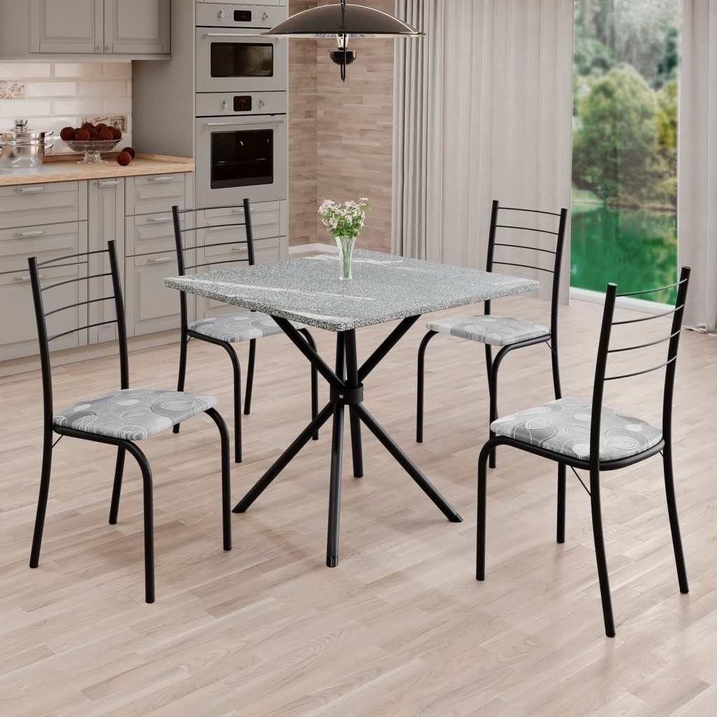 Conjunto Sala de Jantar Mesa Quadrada 70x70cm Tampo Granito Topázio 4 Cadeiras Rio Paraopeba/Preto