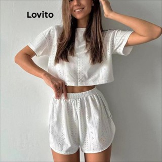Lovito Conjuntos Casuais De Shorts Bordados Com Ilhós Lisos Para Mulheres LNL48203