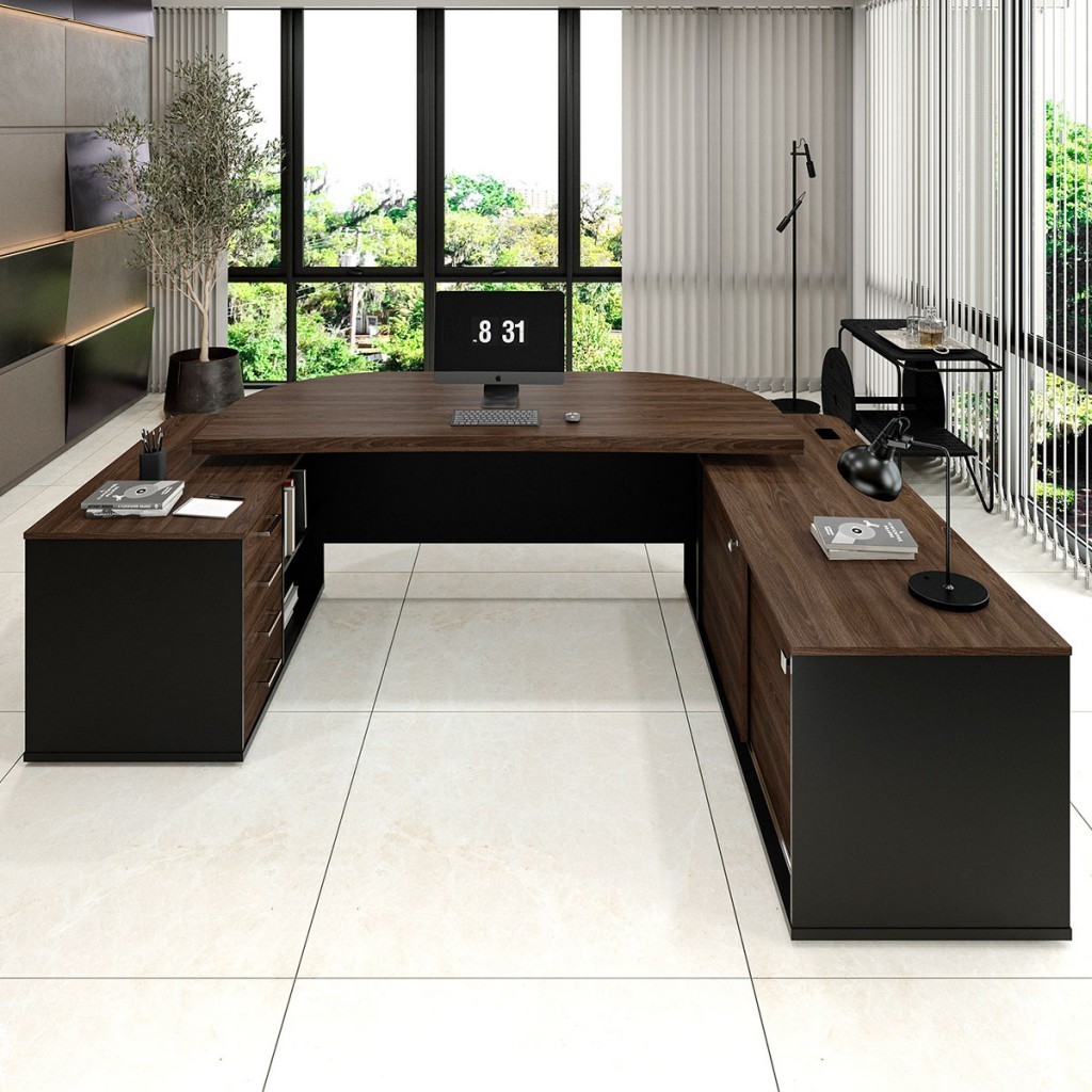 Mesa para Escritório Presidente Tamburado 4 Gavetas 2 Portas Charuto/Preto - Artany Móveis em Oferta na Shopee