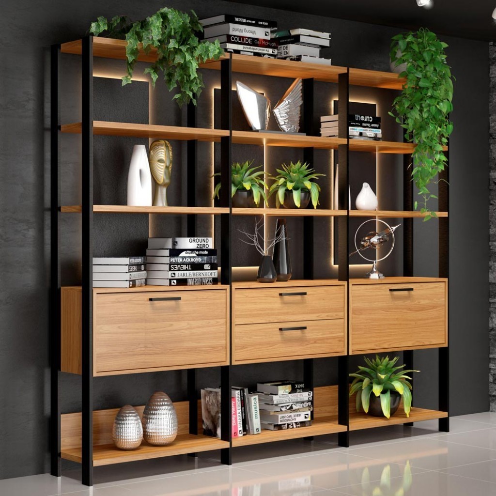 Estante para Livros Home Office 100% Mdf 2 Portas 2 Gavetas Freijó/Preto - Panorama Móveis em Oferta na Shopee