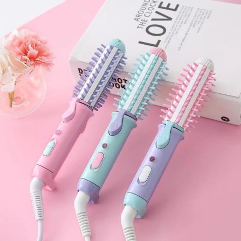 Mini Escova enrola cabelo chapinha bivolt portátil alisadora 2em1