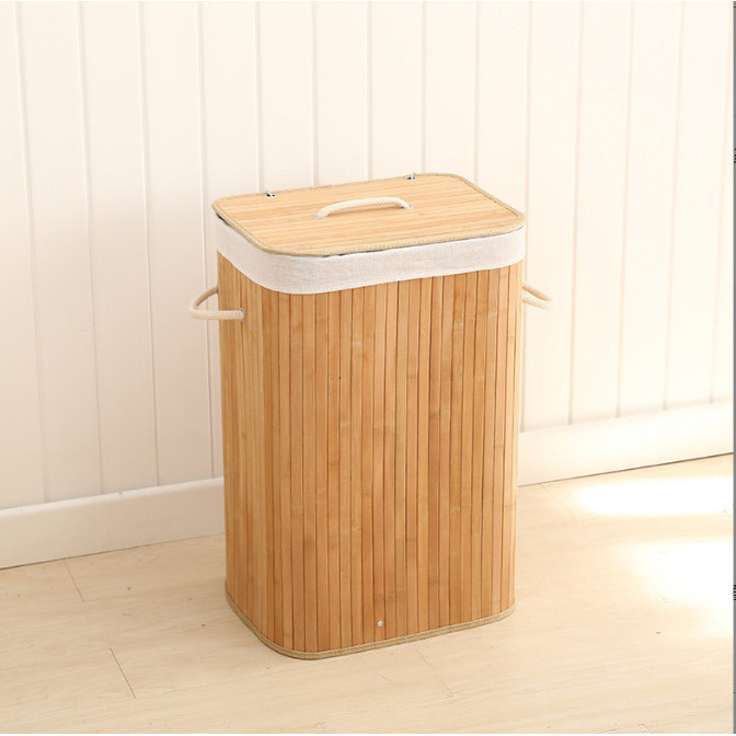 Cesto de Roupa Suja 72 LITROS Lavanderia Bambu c/ Tampa Retangular Forrado Quarto Banheiro Dobrável