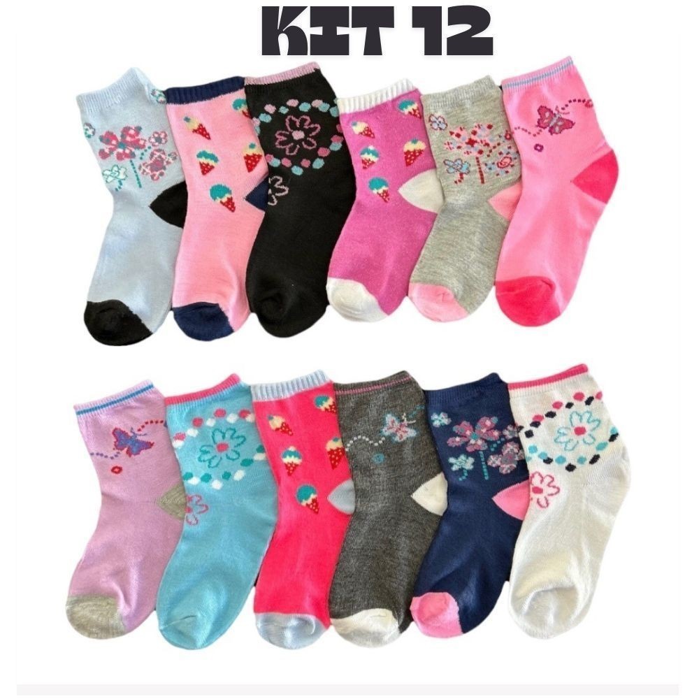Kit com 12 Pares de Meias Infantil Cores e Estampas Variadas para Menino e Menina