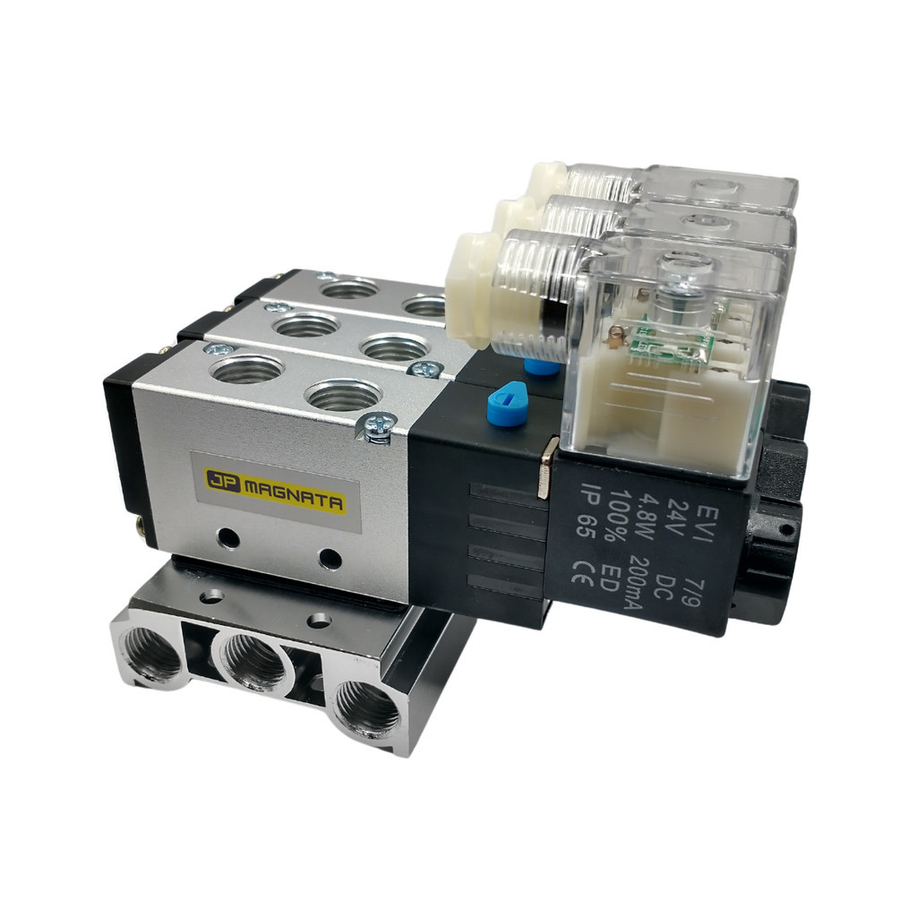 Bloco manifold com 3 válvulas pneumática 5/2 vias 1/4" BSP