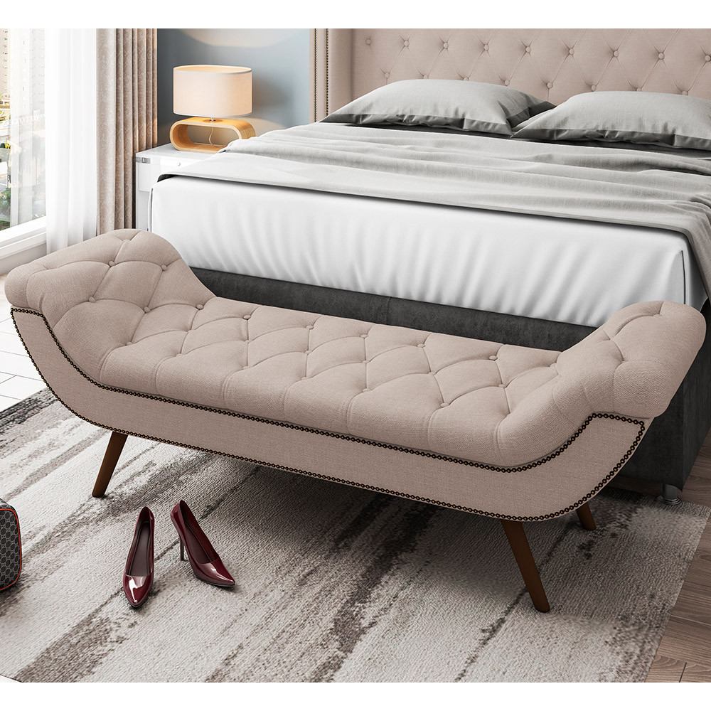 Puff Recamier Decorativo com Tachas 160 cm Santorini P05 Linho Bege Escuro - Lyam Decor