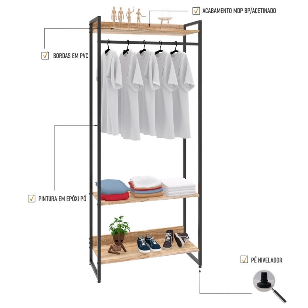 Detalhes do Closet Arara 3 Prateleiras Carvalho/Preto 19227 - Compace