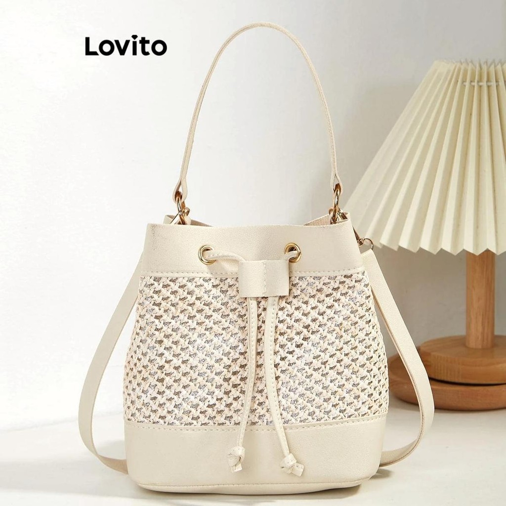 (Trendy) Lovito Casual Bolsa Feminina Simples de Palha com Cordão Colorblock LFA18701
