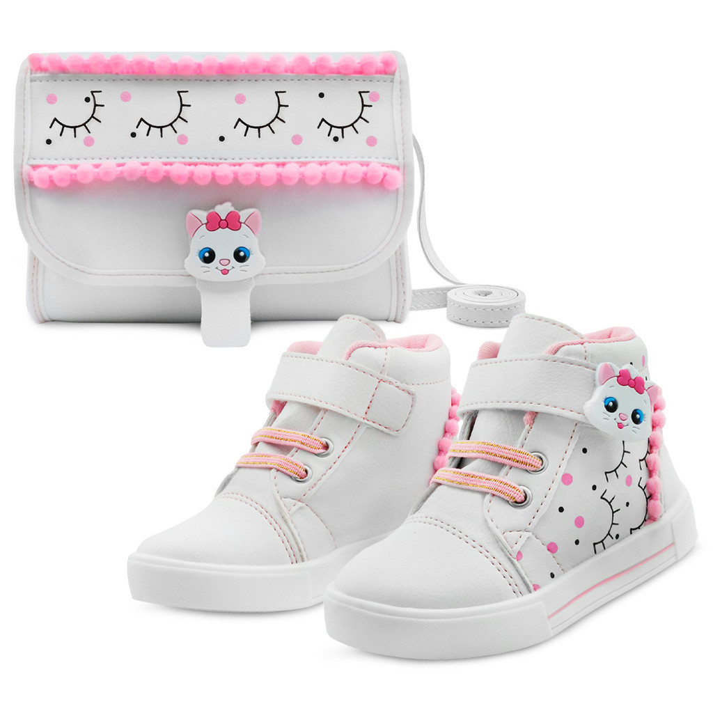 Kit Tênis Infantil Menina Cano Alto Com Bolsa Feminino Gatinha Lolikids