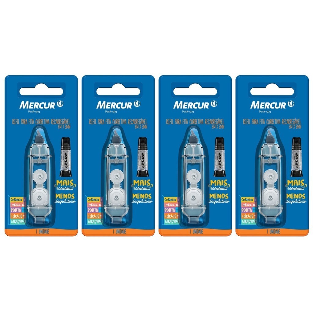 Refil para Fita Corretiva Recarregável Mercur 5mm x 6m Kit 4 Unidades em Oferta na Shopee