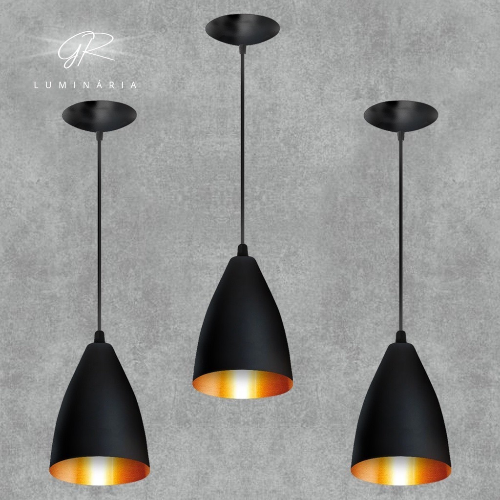 Kit com 3 pendentes lustres vegas modelo bala funil, casa e decoração ideal para bancada e balcão, sala e cozinha. Promo