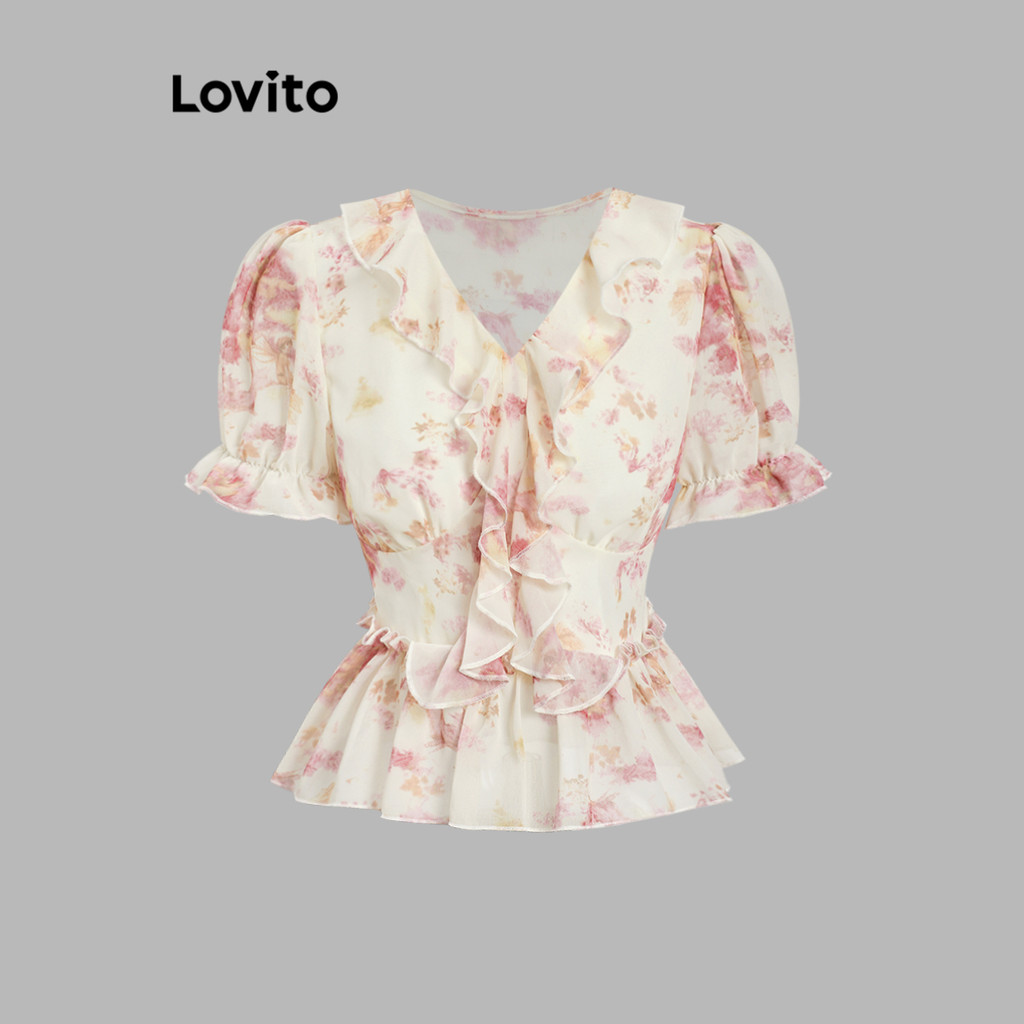 Lovito Blusa casual tropical com babados para mulheres L177AD509 - Women Clothes