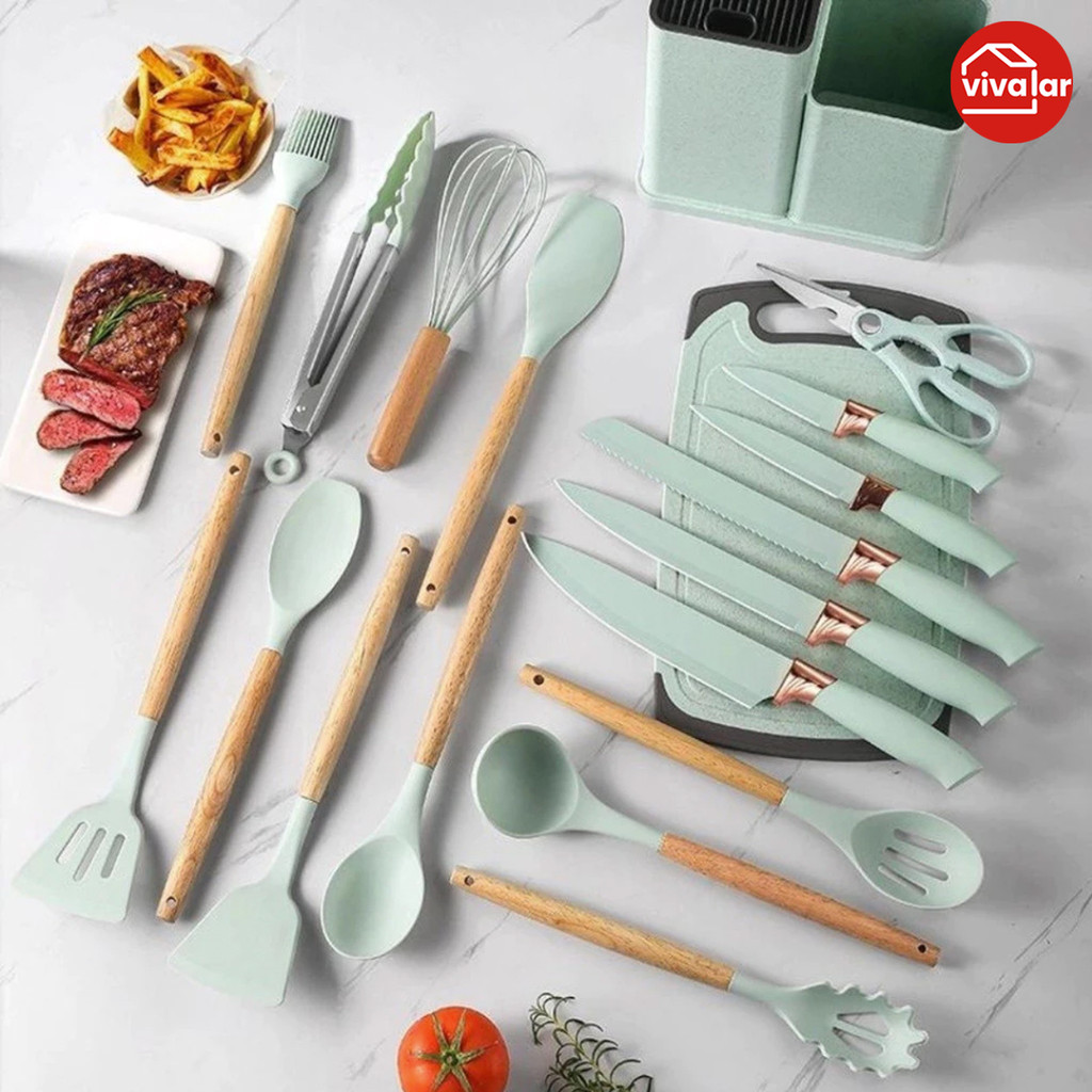 Kit Completo Jogo Utensílios de Cozinha Luxo 19 Peças Com Tábua em Silicone Espátula Faca Tesoura