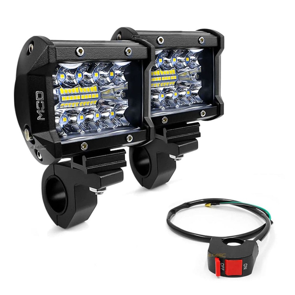 Par Farol Milha Led Mod LEDs 60W Lente 8D Spot + Flood 9,5cm Suporte Abraçadeira e Interruptor Guidão