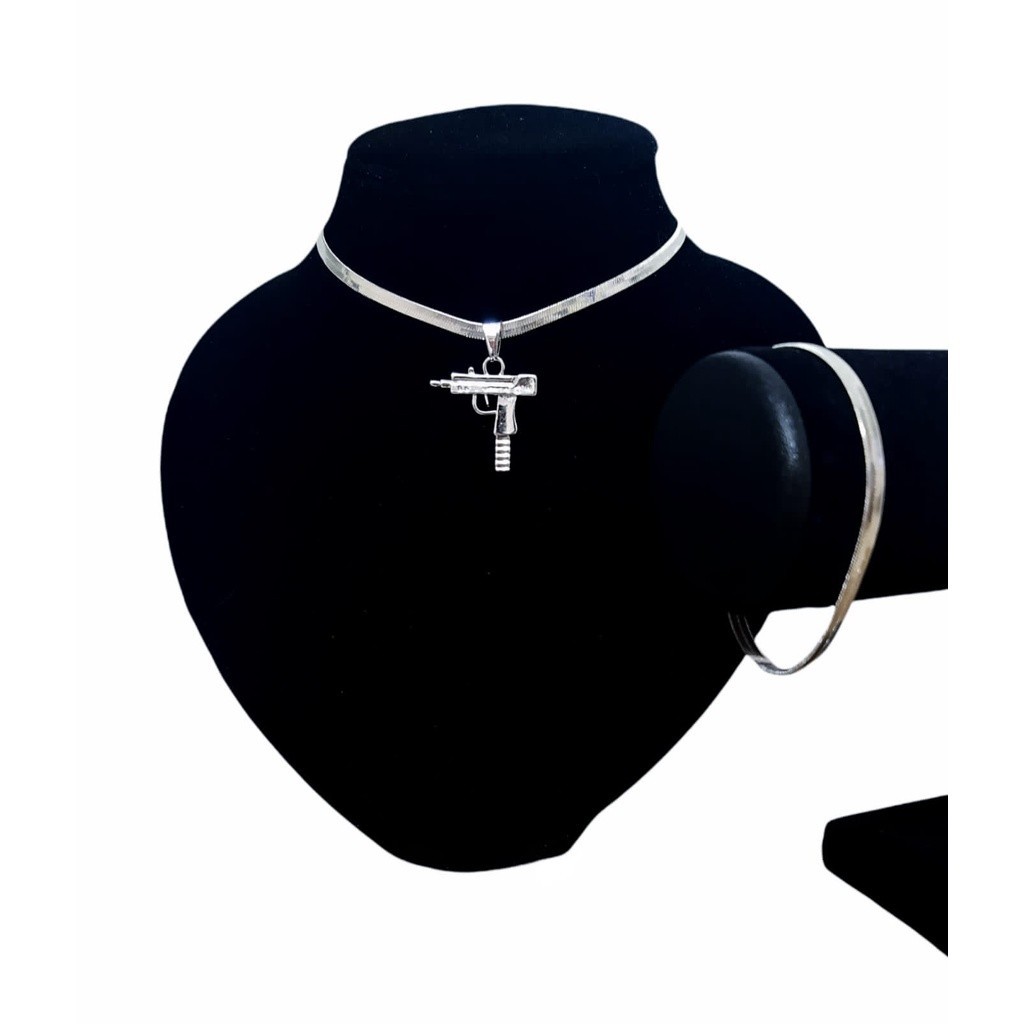 Kit Feminino Metralhadora Uzi Corrente e Pulseira Laminada Folheada a Prata 925 004