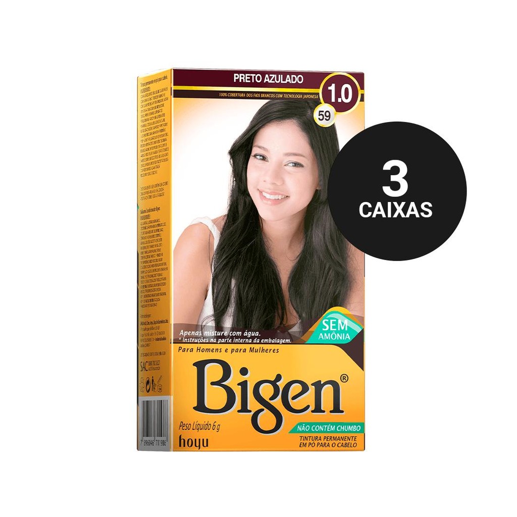 Kit Profissional Tintura Capilar à base de água Bigen 1.0 Preto Azulado 3cx em Oferta na Shopee