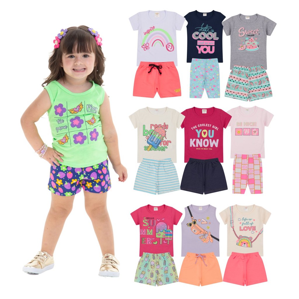 Kit 8 Peças Roupas Bebê Menina 4 Camisetas + 4 Bermudas Kit 4 Conjuntos Sortidos Moda Infantil Verão Bebê ou 2 Peças