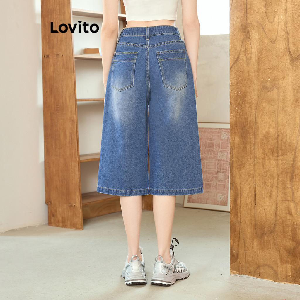 (Trendy) Lovito Shorts Jeans Casuais Com Botão Liso Verão/Primavera Shorts Jeans Para Mulheres L99ED931 em Oferta na Shopee