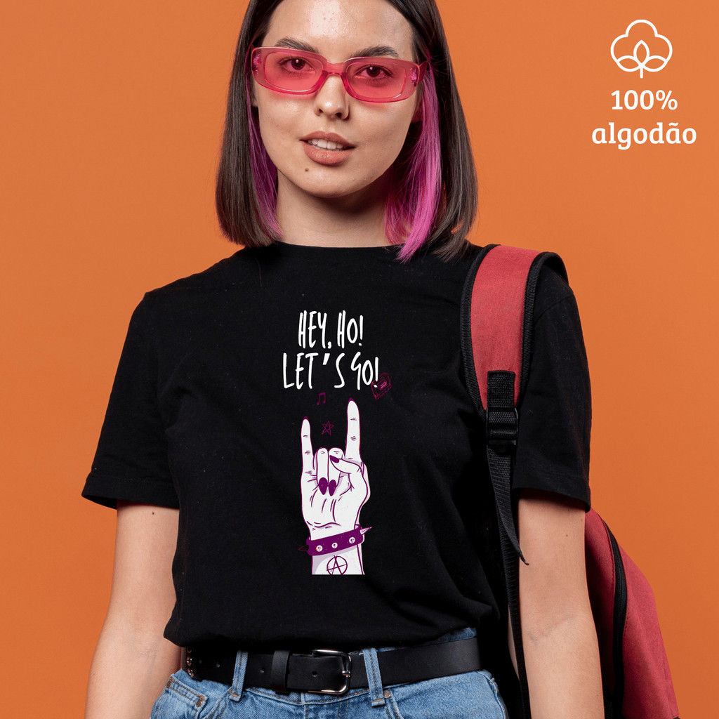 T Shirt Feminina Estampada Blusa Lets Go Rock N Roll - Camiseta Preta 100% Algodão Estilosa Roqueira