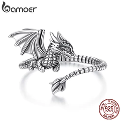 Bamoer 925 Prata Esterlina Anel Ajustável Engraçado Dragão Voador Moda Jóias Presente Feminino