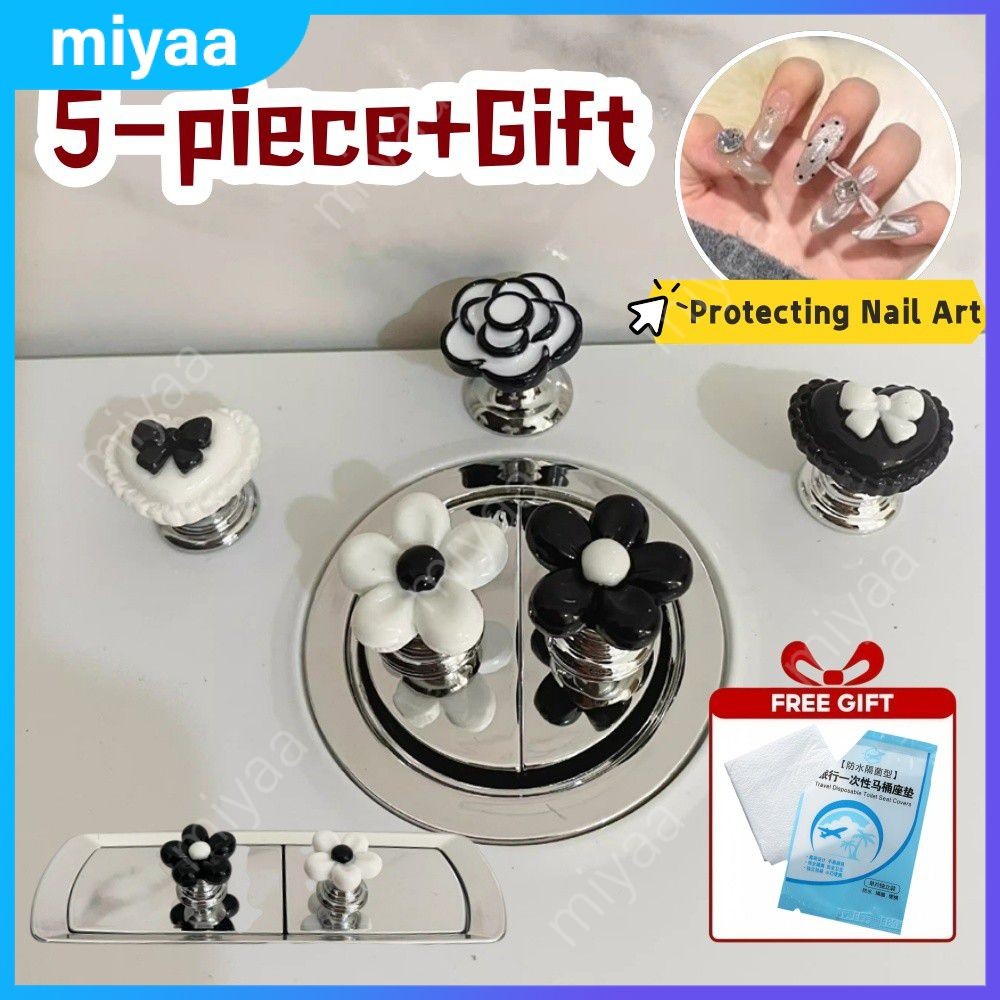 compre 1 grátis 1】5 peças preto branco flor forma vaso sanitário botão de pressão tanque de água botão de descarga
