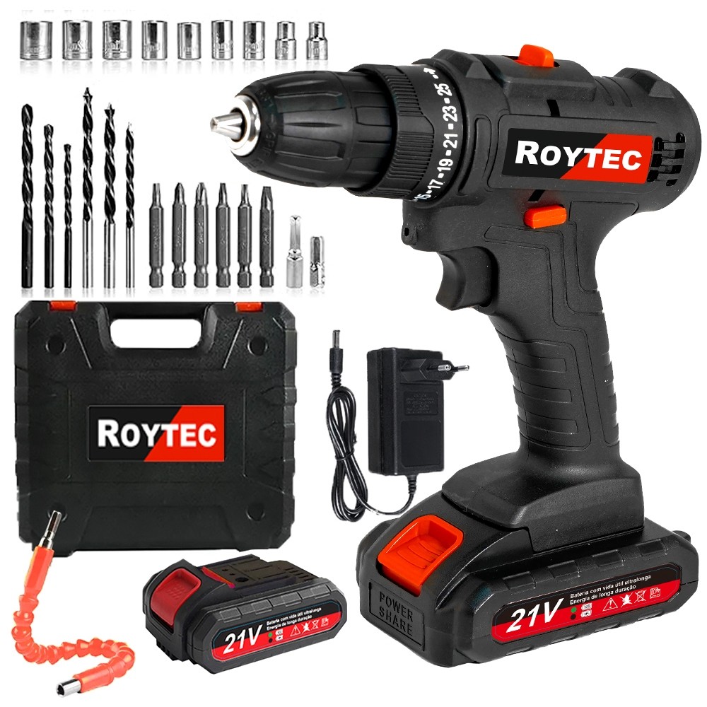 Furadeira Parafusadeira Função de impacto 3/8″ a 2 bateria 21V com kit de brocas e bits com Maleta
