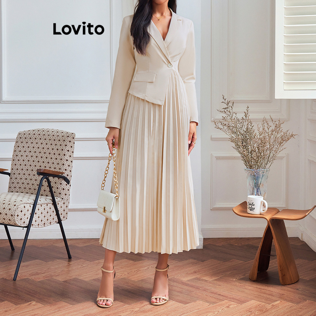 Lovito Vestido assimétrico elegante liso plissado para mulheres LBL14331