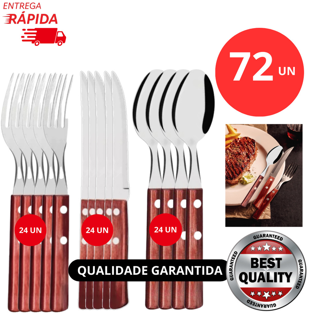 Jogo 72 Peças De Talher Cabo Madeira em Aço Inox Garfo Faca e Colher de Mesa Restaurante Jantar