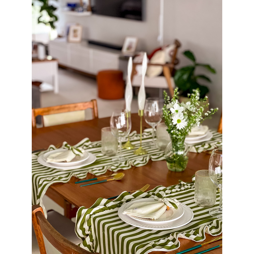 Kit Caminho Trilho de Mesa Dunas M 200x45 – Verde e Rosa + 6 Porta Guardanapos