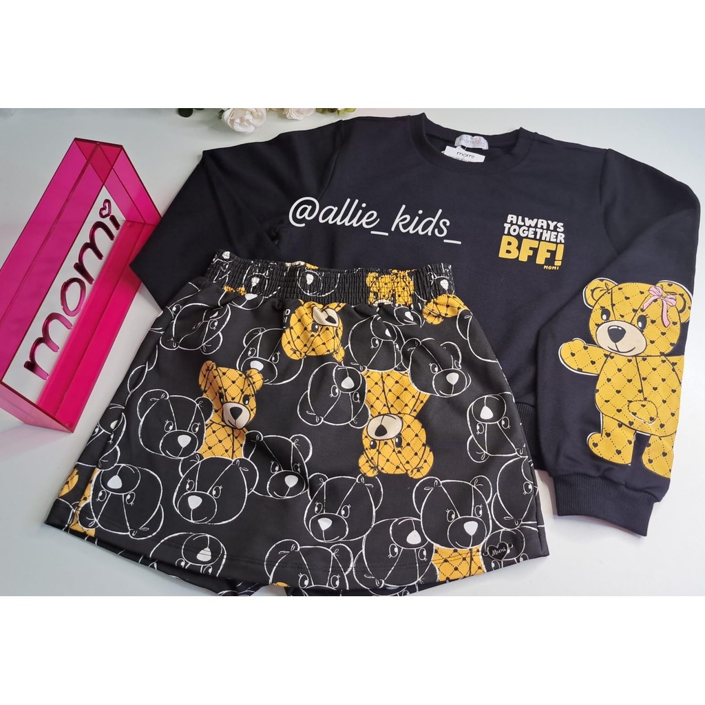 Conjunto Infantil Momi Shorts Saia E Blusa Preta Ursinha