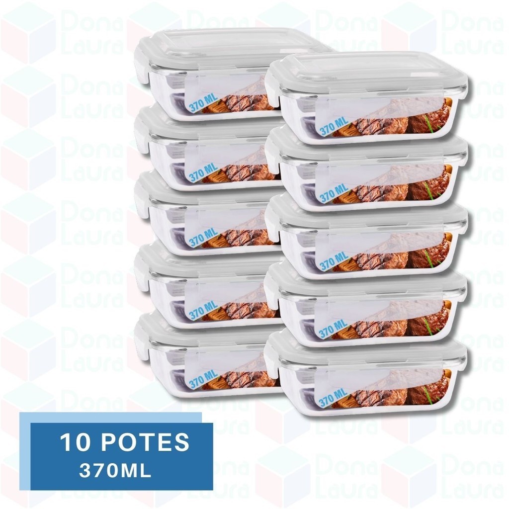 Conjunto 10 Potes Vidro Hermético mantimentos marmita 370ml