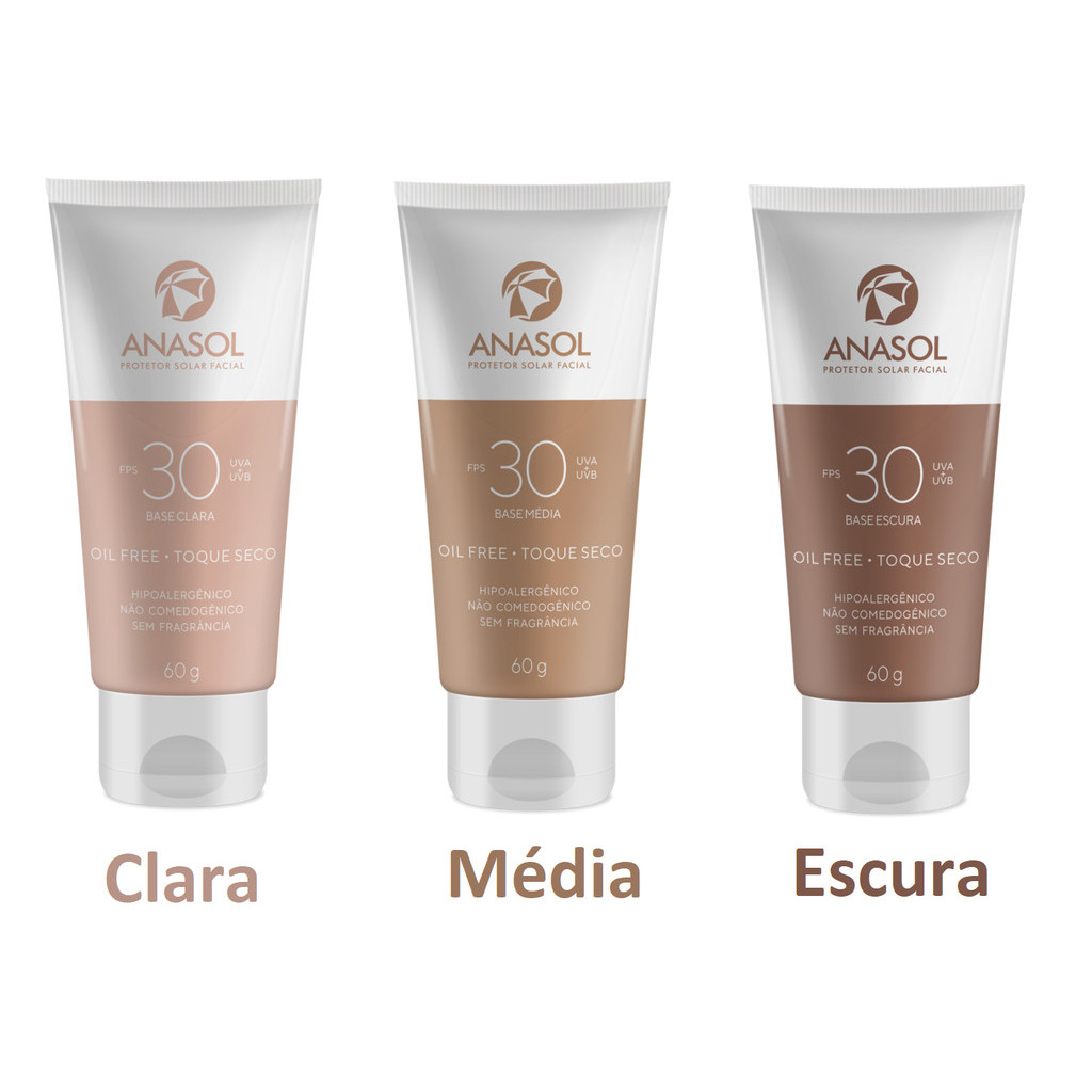 Anasol Protetor Solar Facial Base Clara,Média ou Escura FPS 30 Com cor 60g em Oferta na Shopee