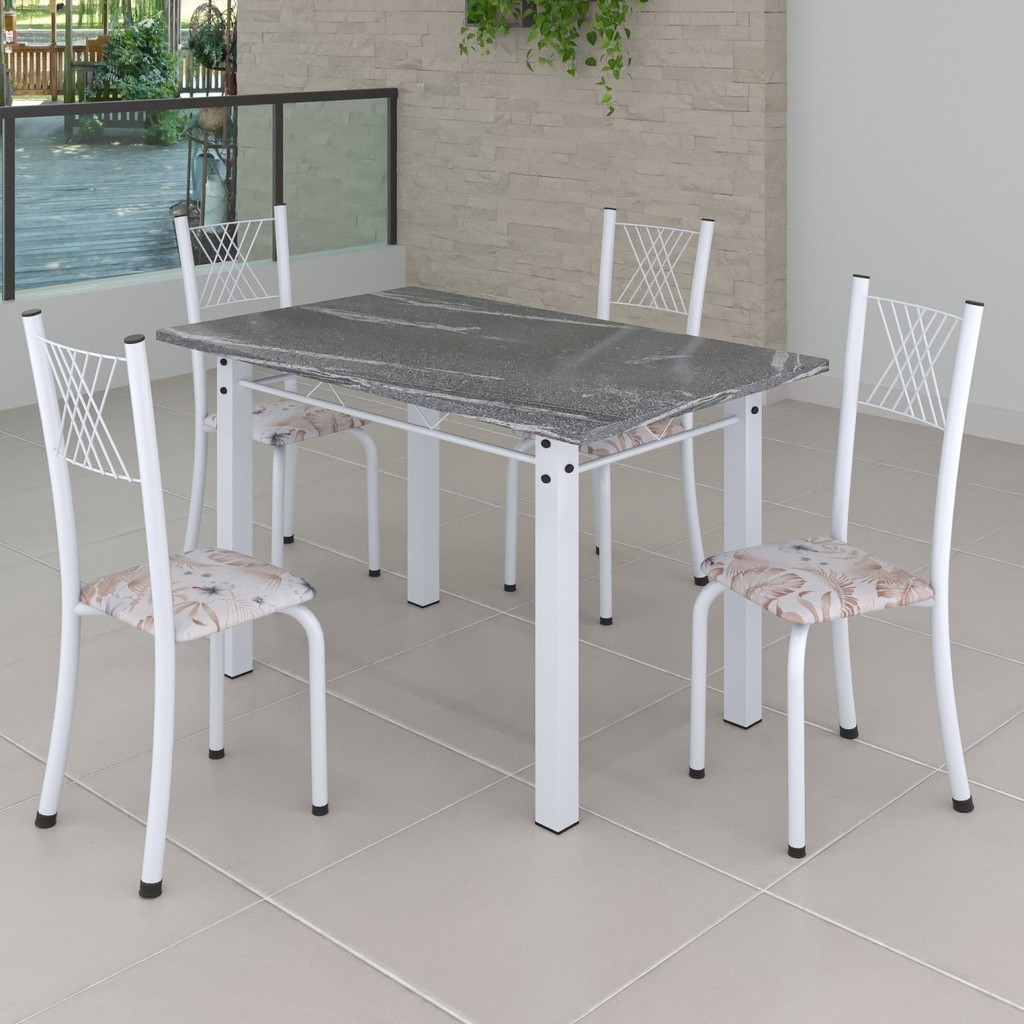 Conjunto de Jantar Mesa 120x75cm Tampo de Granito Topázio com 4 Cadeiras Sara Yescasa Botanic Bege/Branco em Oferta na Shopee