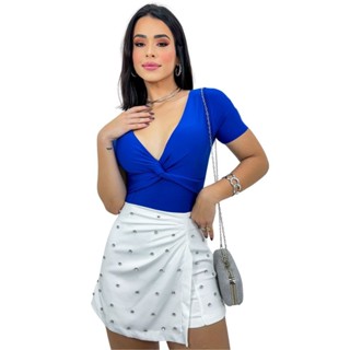 Body Blusa Feminina Manga Curta Decote V Nózinho Social Frente Trançada