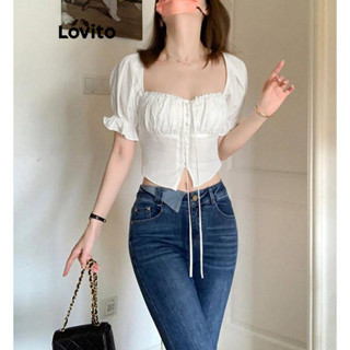Lovito Blusa Feminina Casual Lisa Com Botão Traseiro E Babados Na Frente LNL43158