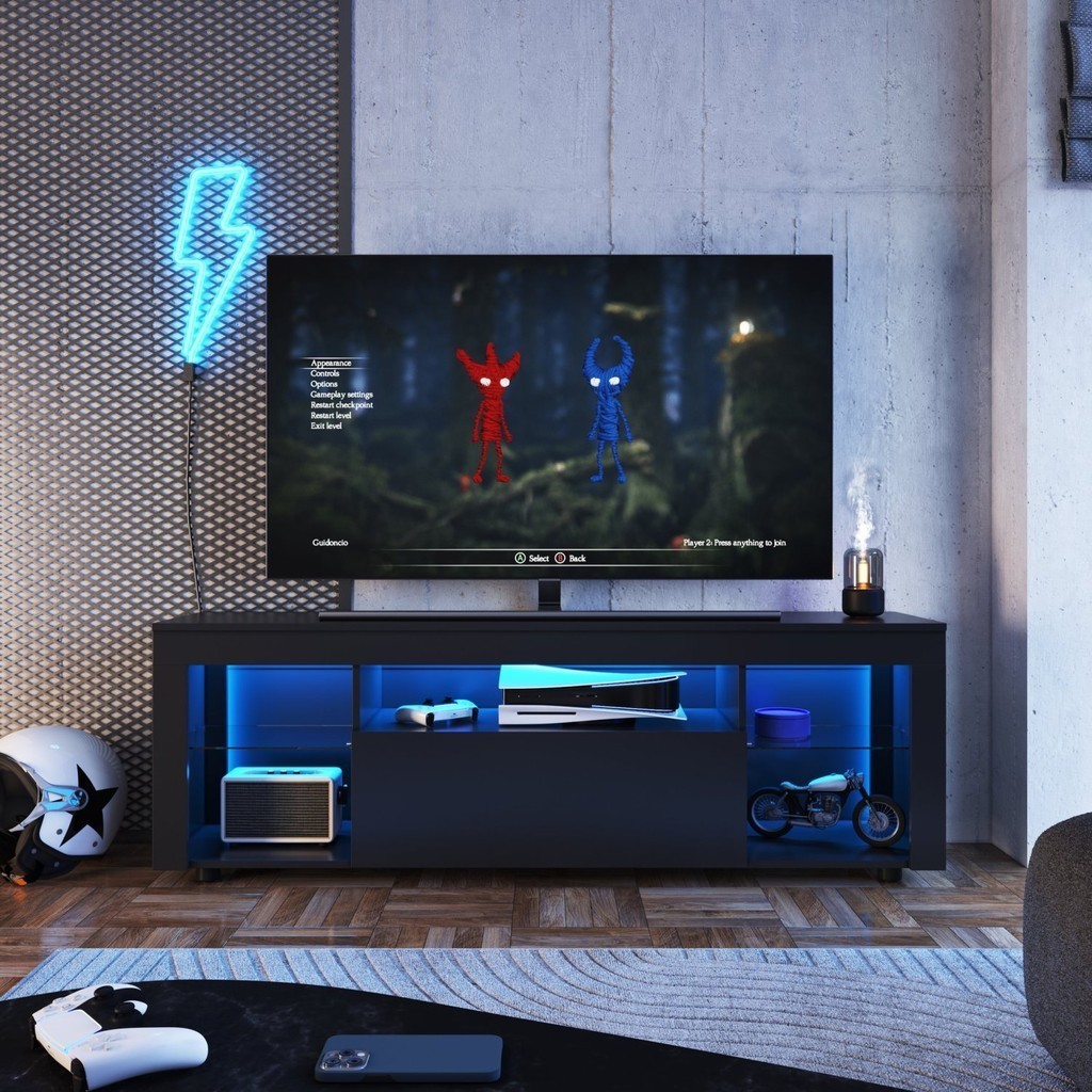 Rack para Tv até 60 Polegadas Estilo Gamer 1 Gaveta 2 Prateleiras em Vidro e Iluminação em Led Yesca Preto - Home & Living