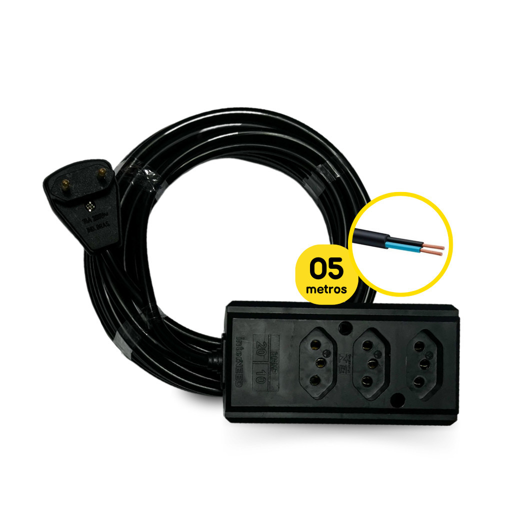 Extensão Elétrica Régua 3 Tomadas 5 Metros 10A/20A PP 2x1,0 em Oferta na Shopee