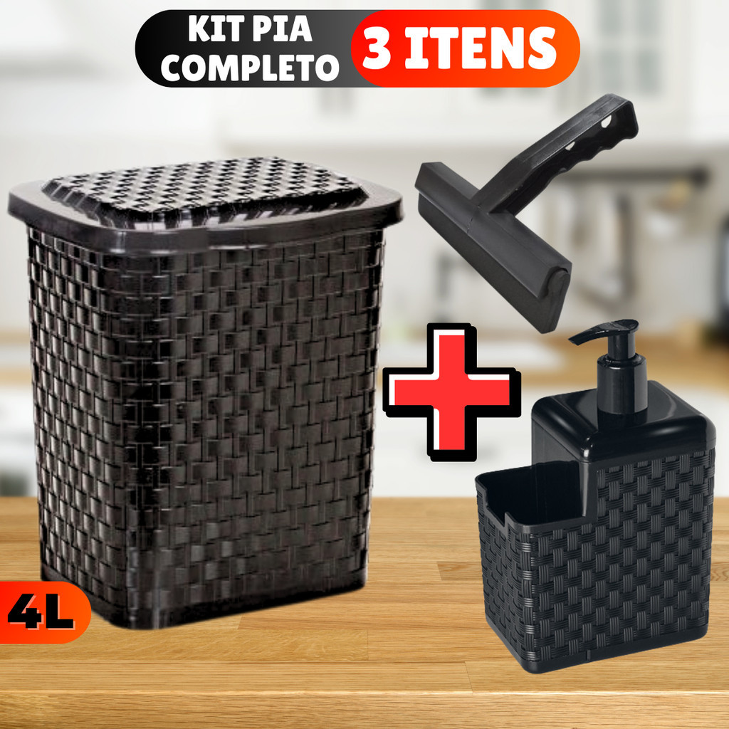 KIT Lixeira Rattan 4L Preta com Tampa + Porta Detergente + Rodinho de pia Kit com 3 peças