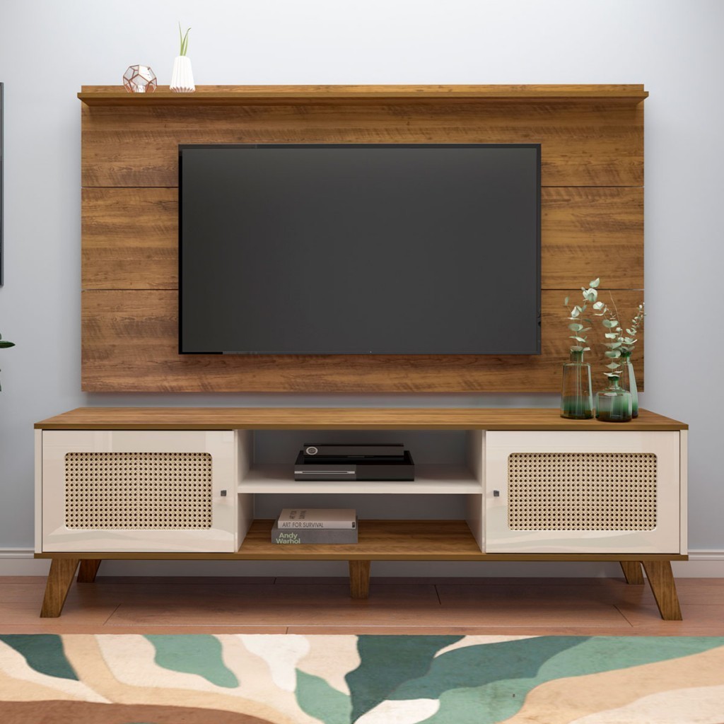 Rack com Painel para TV Até 60 Polegadas Charlotte 2 Portas Pinho/Off White - Panorama Móveis em Oferta na Shopee