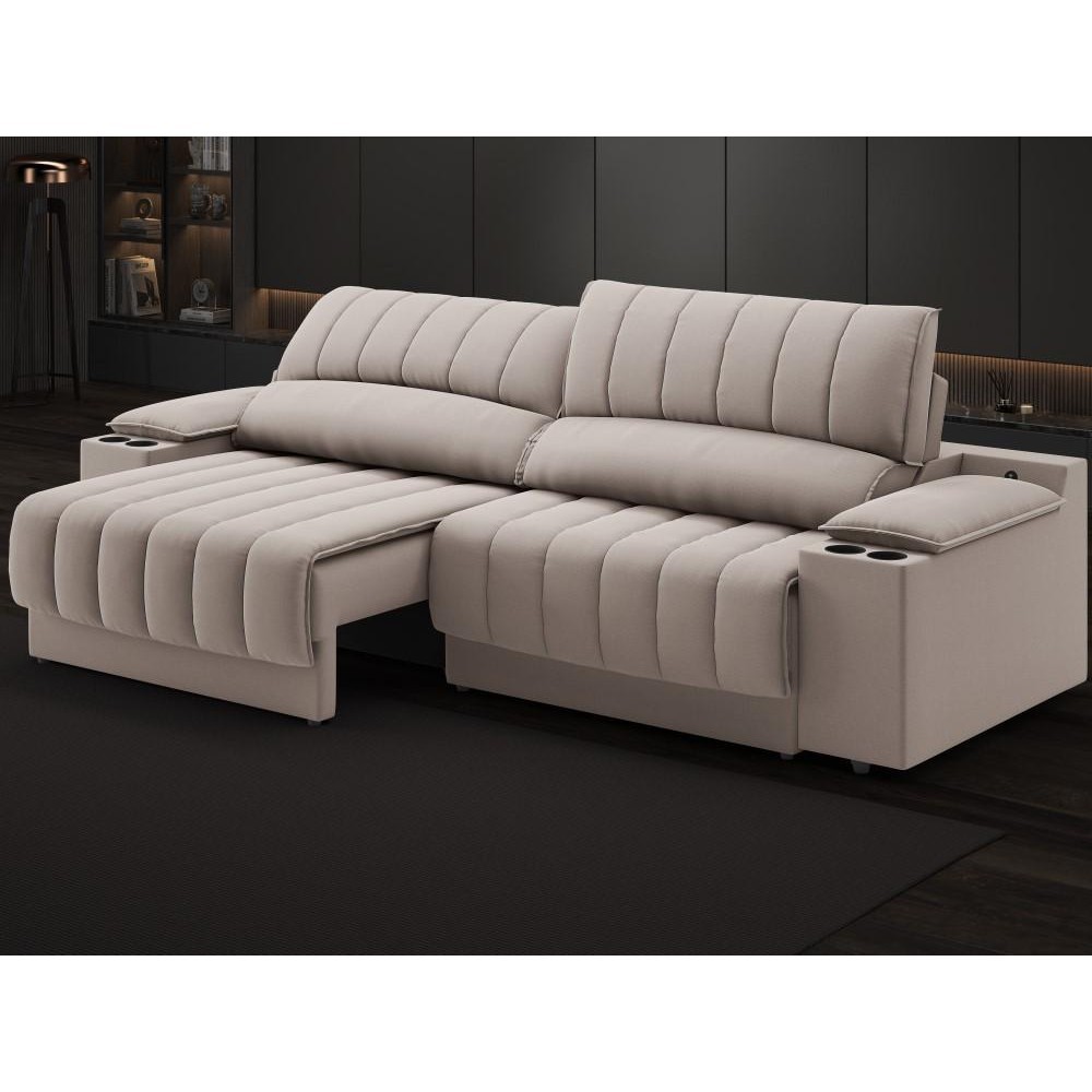 Sofá com Porta Copos Carregador USB Ret Rec Murano 2,50m Velosuede Bege - NETSOFAS em Oferta na Shopee