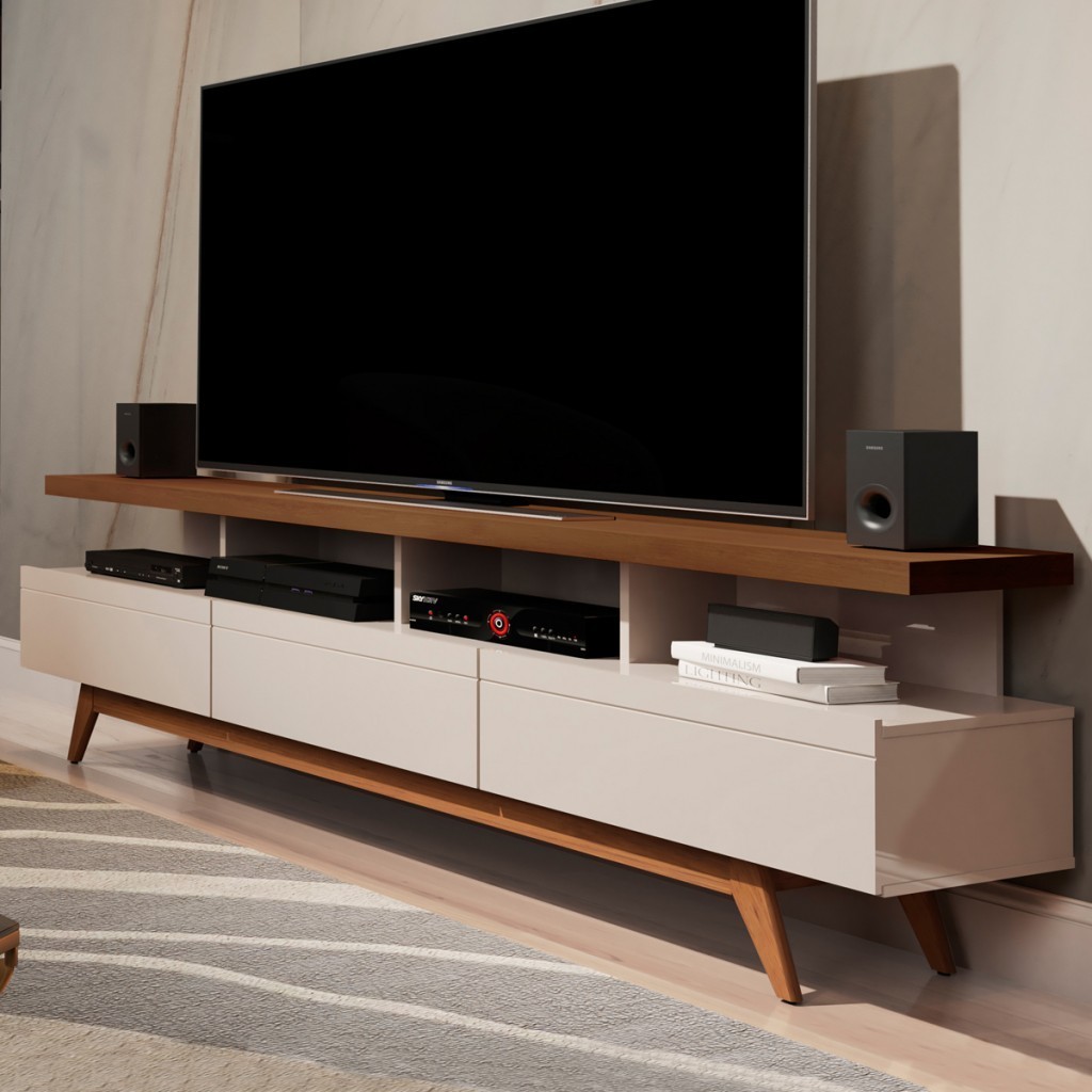 Rack para TV Até 72 Polegadas Vivare Wood 3 Gavetas Off White/Freijo - Giga Móveis em Oferta na Shopee