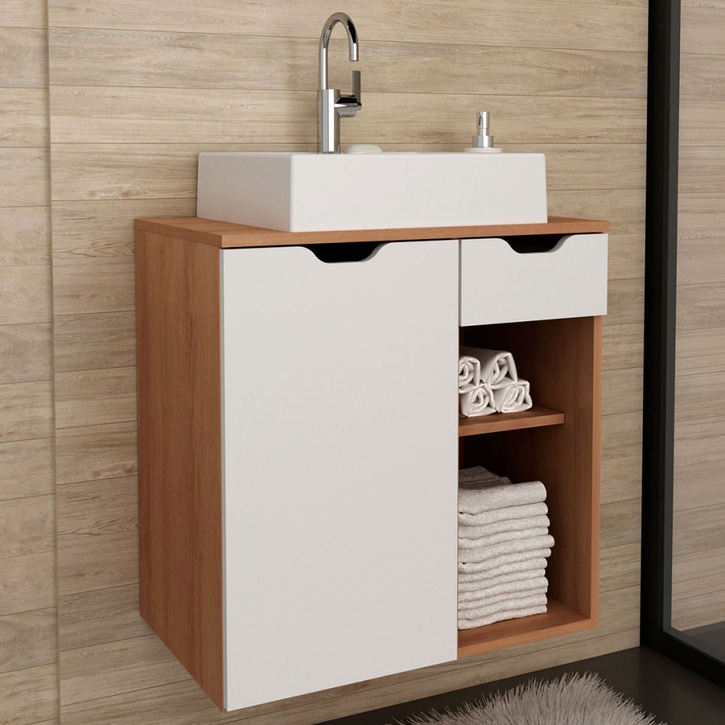 Armário de Banheiro 1 Porta 1 Gaveta Amêndoa/Branco Bn3605 - Tecno Mobili em Oferta na Shopee