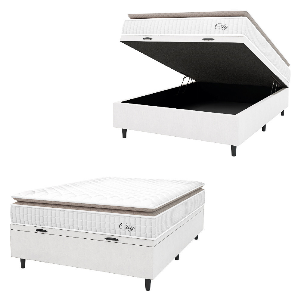Cama Box Baú Colchão Casal Molas Ensacadas City Pillow Top 138x188x64cm Linho Branco / Bege Hellen em Oferta na Shopee